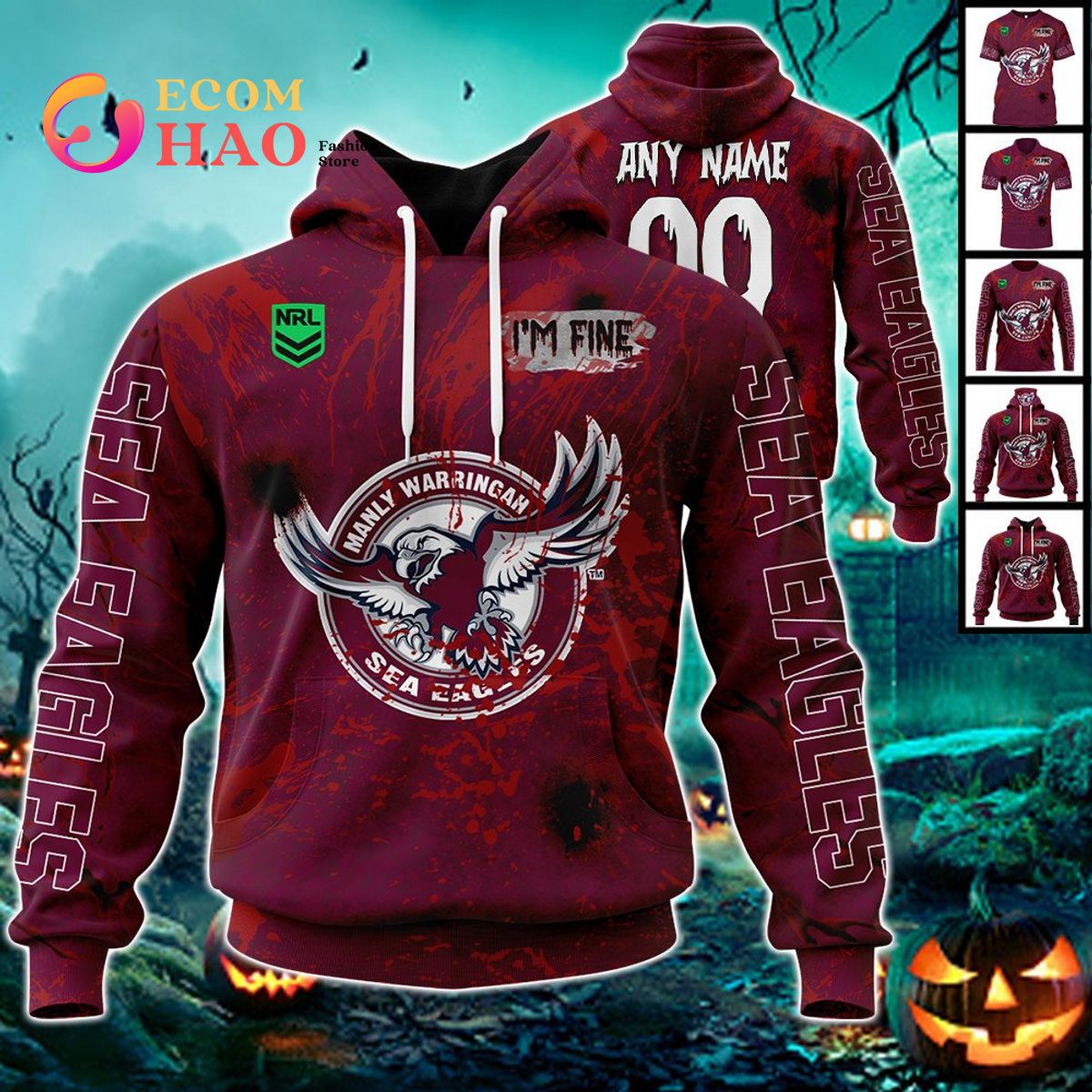 NRL Manly Warringah Sea Eagles Halloween Jersey All Over Print 3D Hoodie