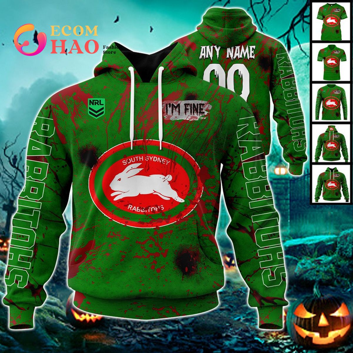 NRL South Sydney Rabbitohs Halloween Jersey All Over Print 3D Hoodie