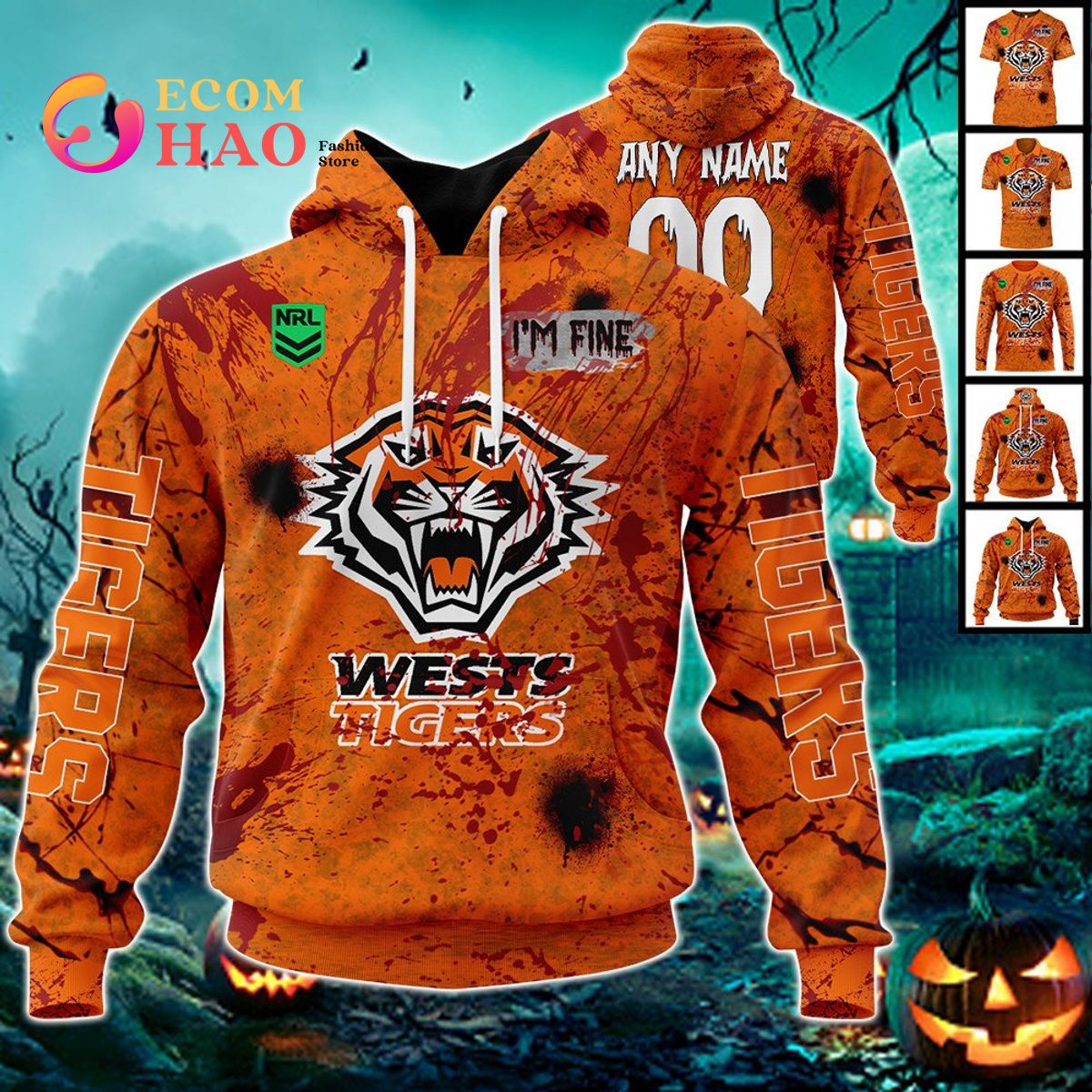 NRL Wests Tigers Halloween Jersey All Over Print 3D Hoodie