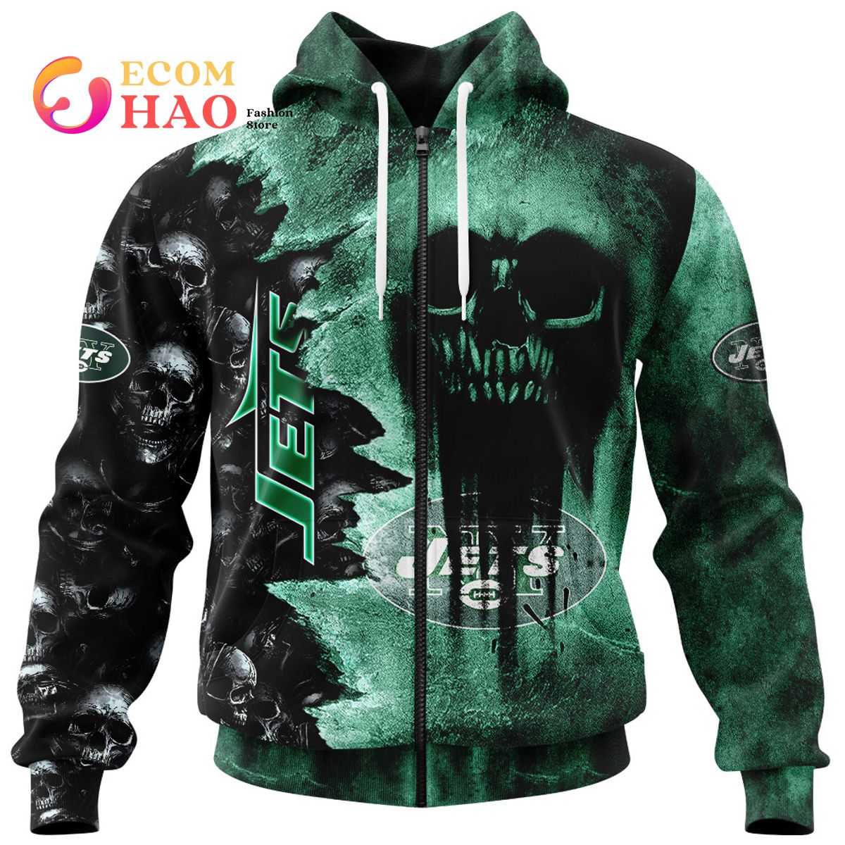 New York Jets NFL Skull Funny Green Hoodie, Zip Hoodie 3D All Over Print  For Fans