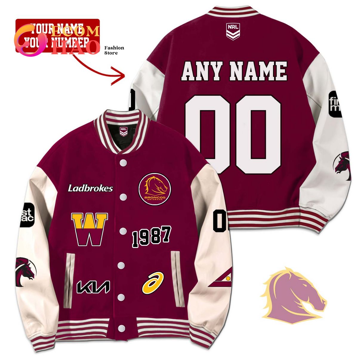 NRL 3D Premium Baseball Jacket Brisbane Broncos