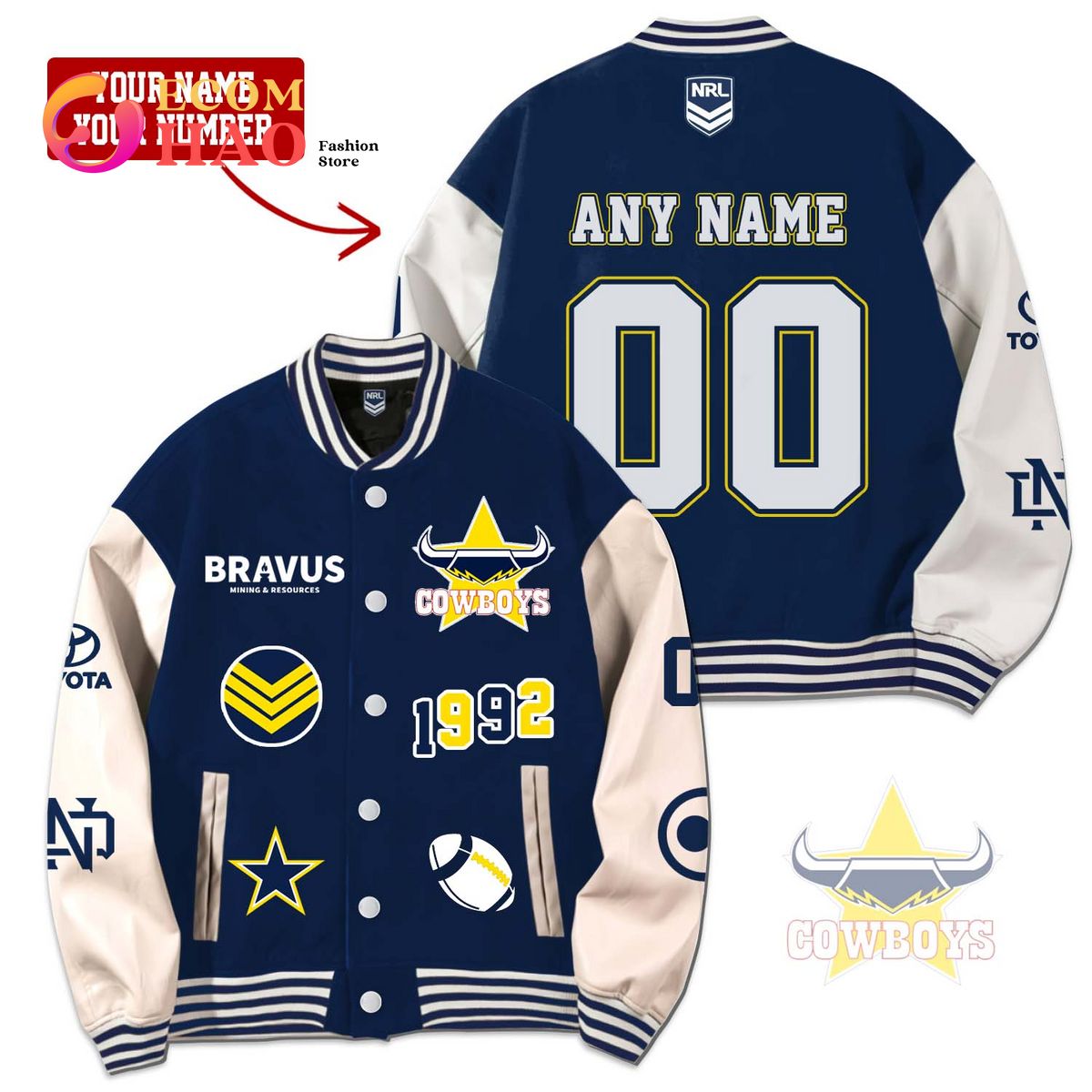 NRL 3D Premium Baseball Jacket NQ Cowboys