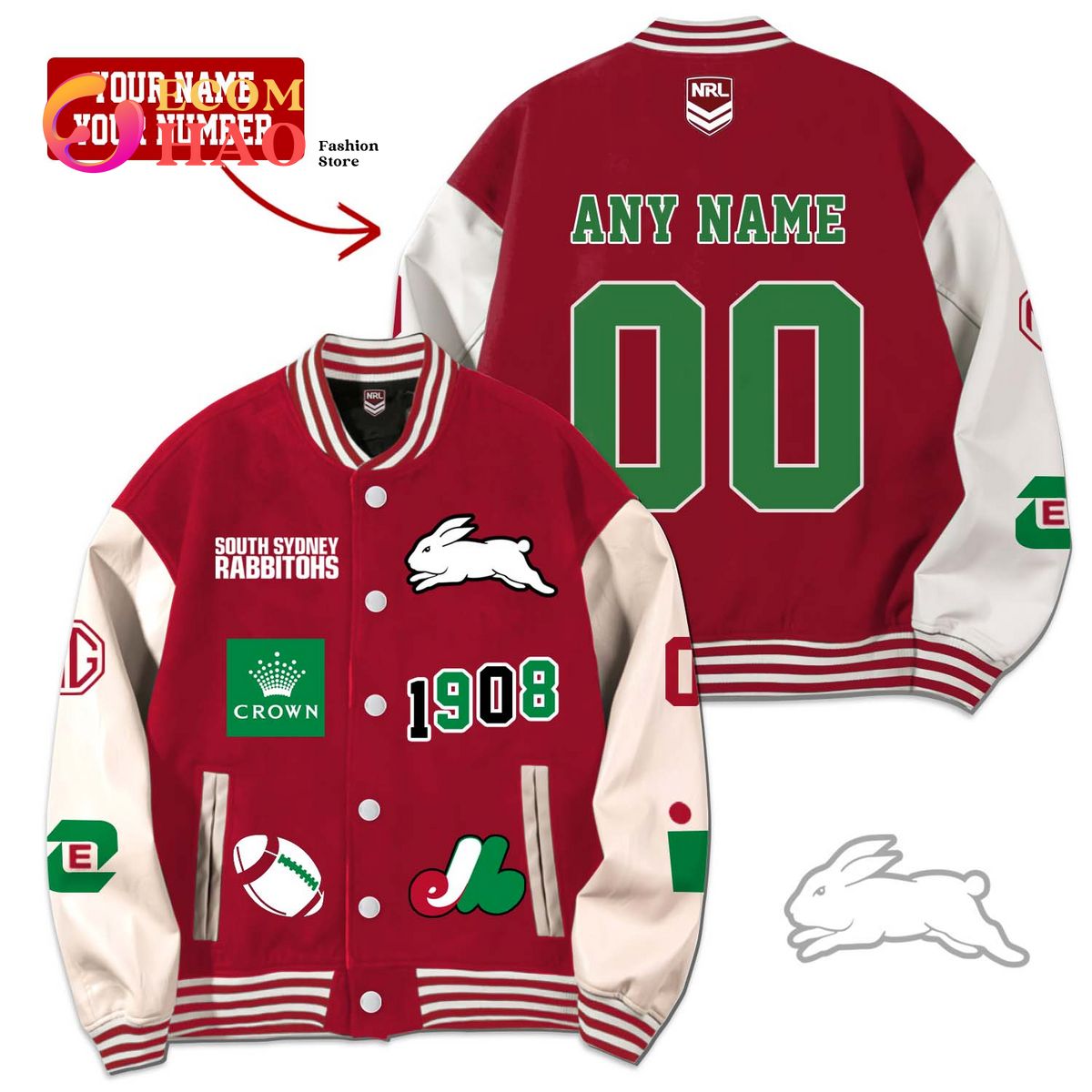 NRL 3D Premium Baseball Jacket South Sydney Rabbitohs