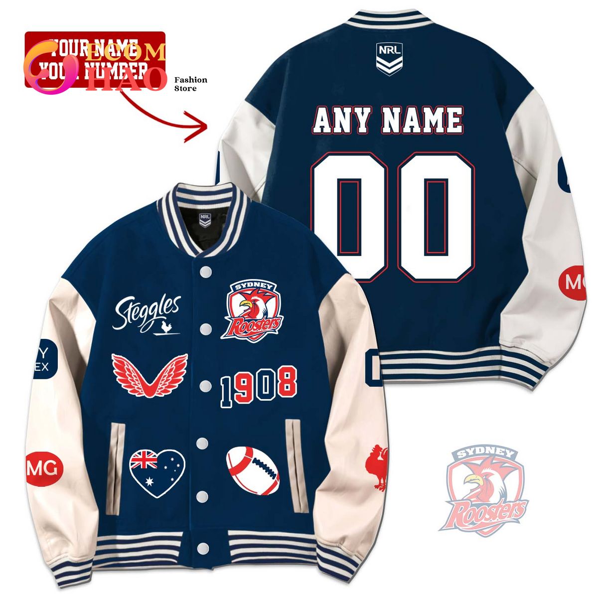 NRL 3D Premium Baseball Jacket Sydney Roosters