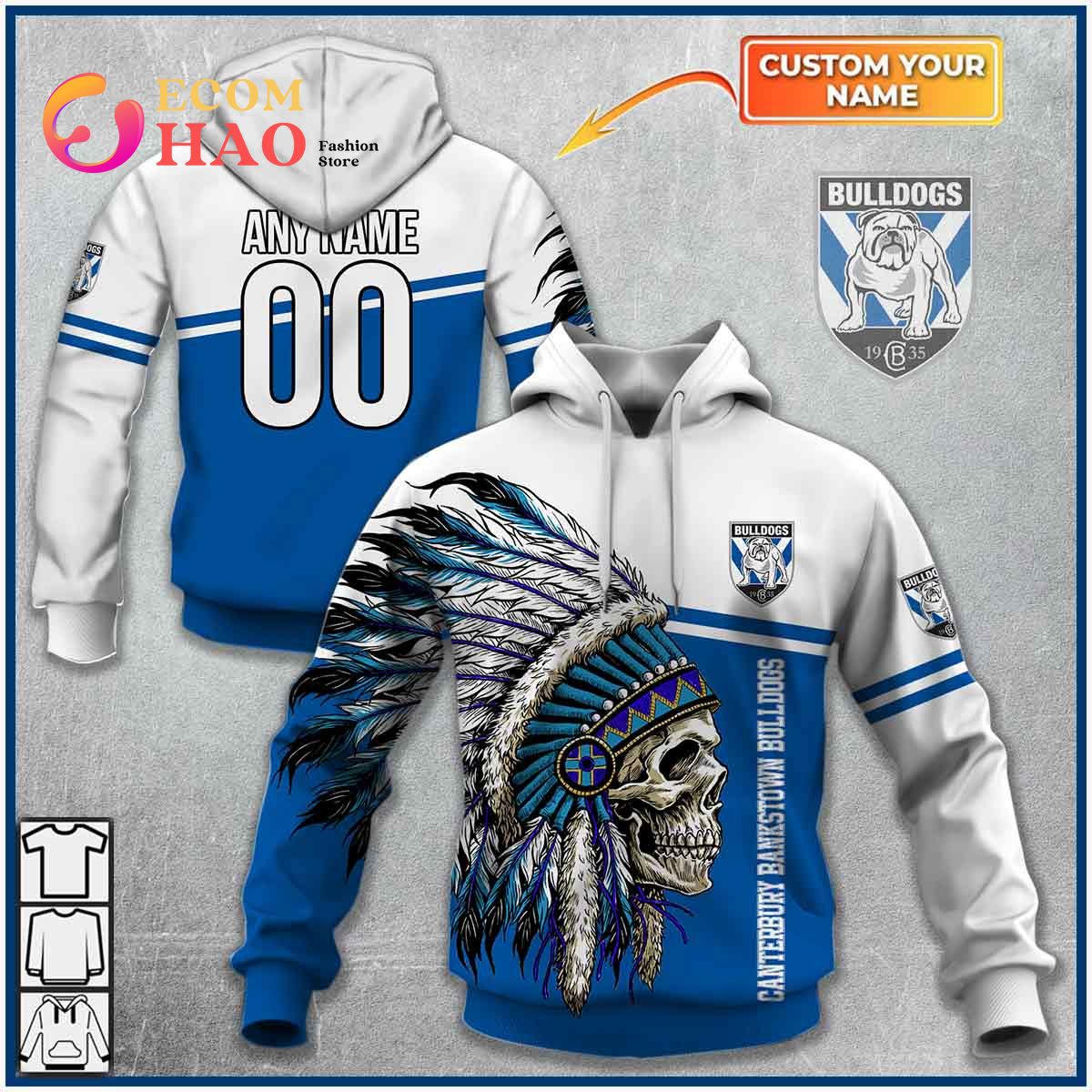 Personalized NRL Canterbury Bankstown Bulldogs Native Skull 3D Hoodie