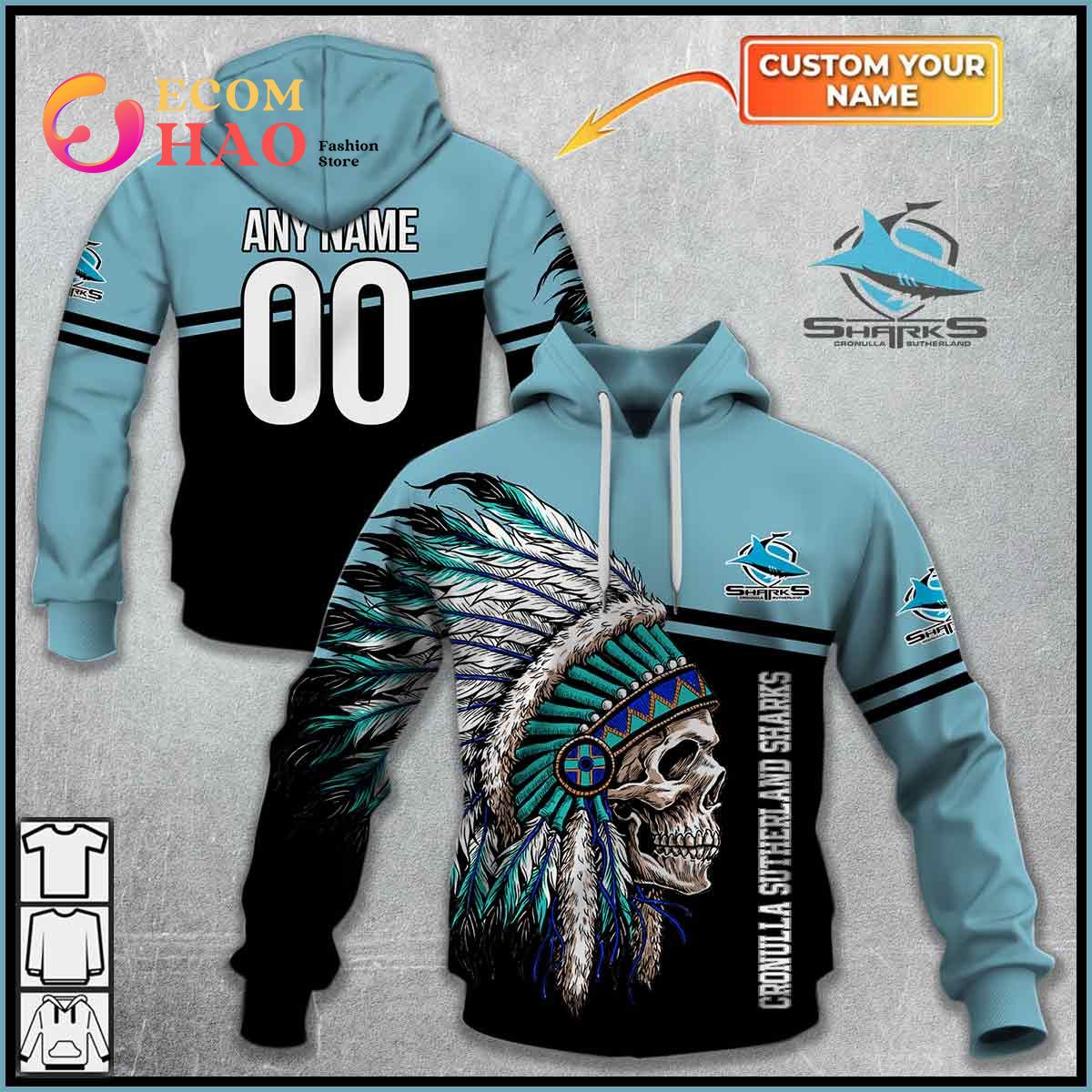 Personalized NRL Cronulla Sutherland Sharks Native Skull 3D Hoodie