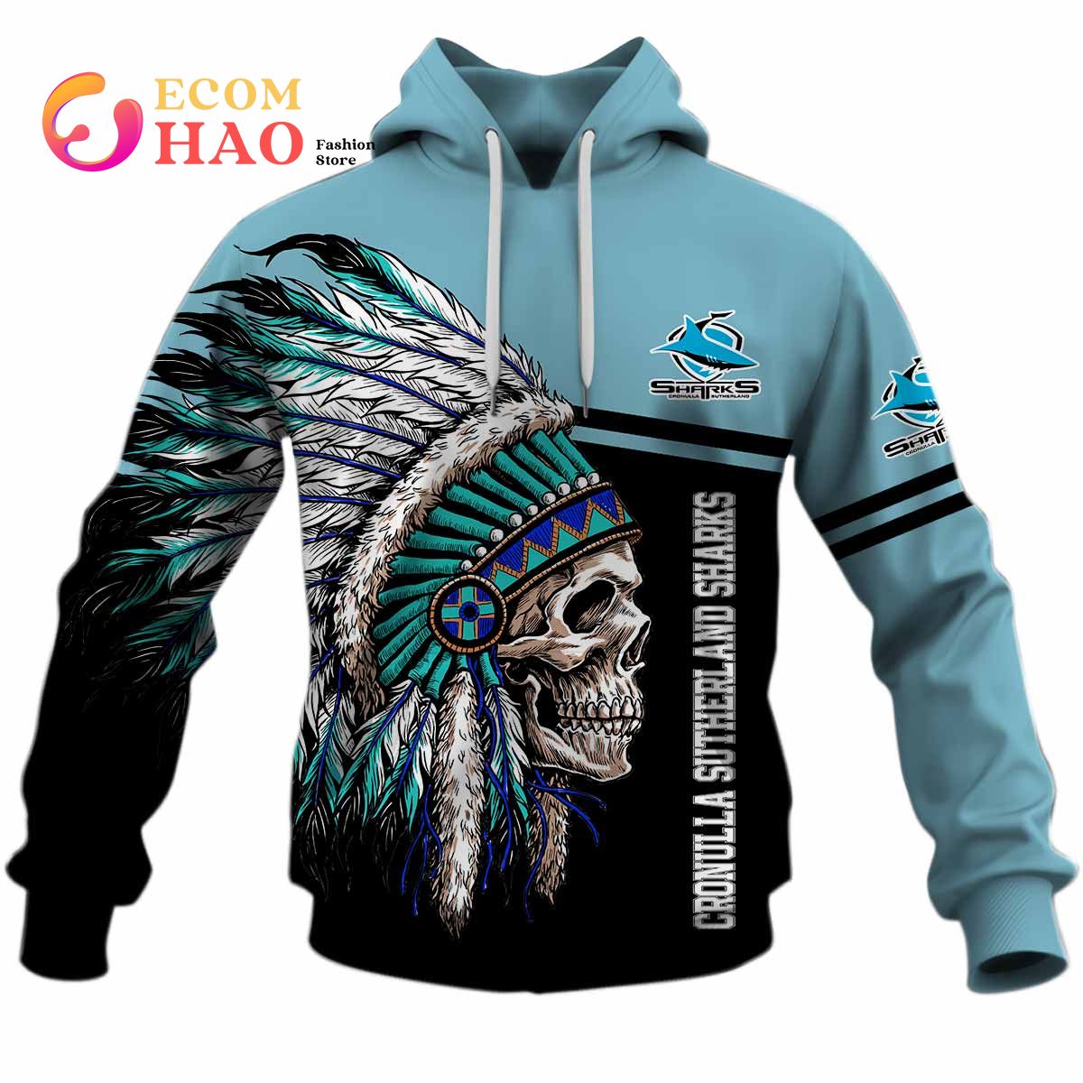 Personalized NRL Cronulla Sutherland Sharks Native Skull 3D Hoodie