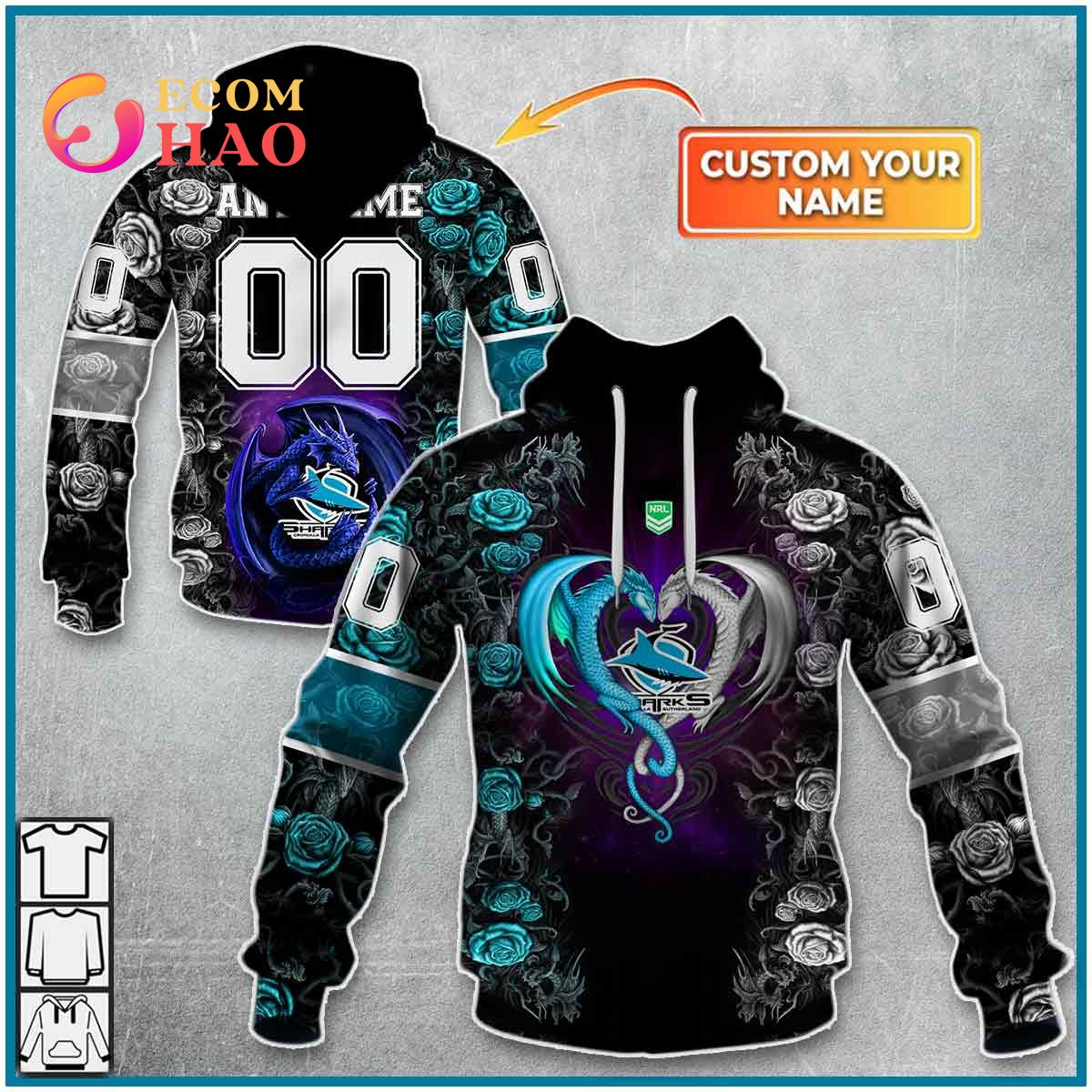 Personalized NRL Cronulla Sutherland Sharks Rose Dragon 3D Hoodie