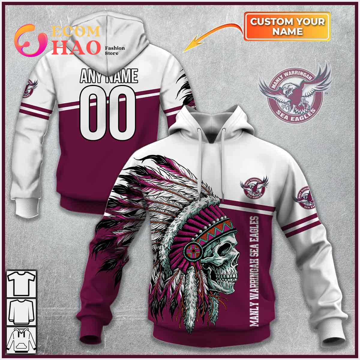 Personalized NRL Manly Warringah Sea Eagles Native Skull 3D Hoodie