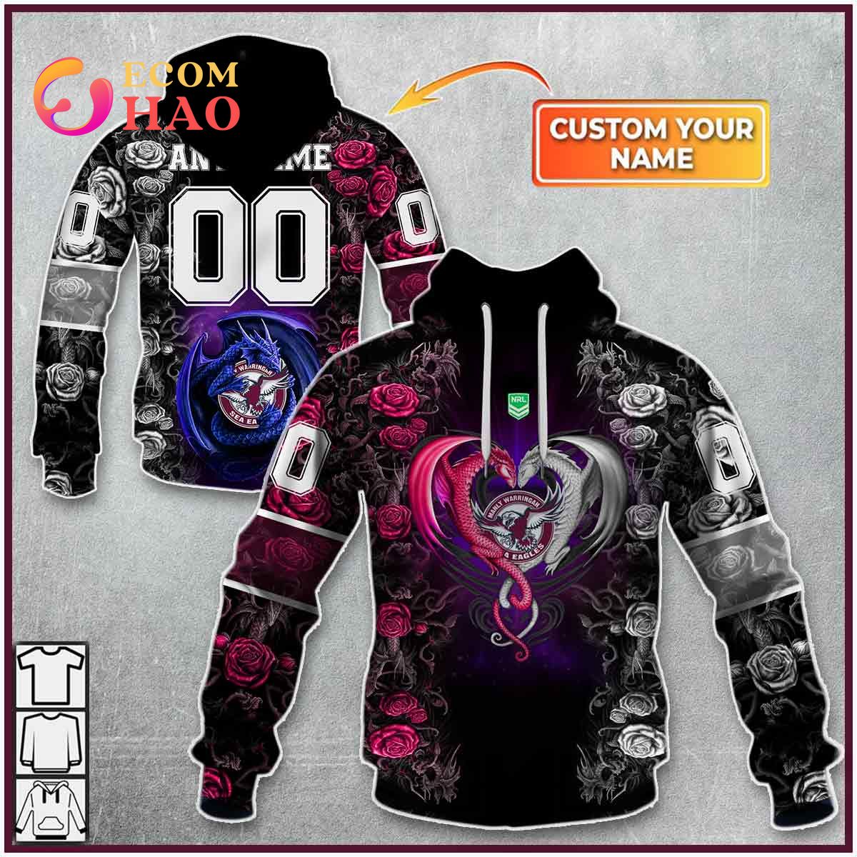 Personalized NRL Manly Warringah Sea Eagles Rose Dragon 3D Hoodie