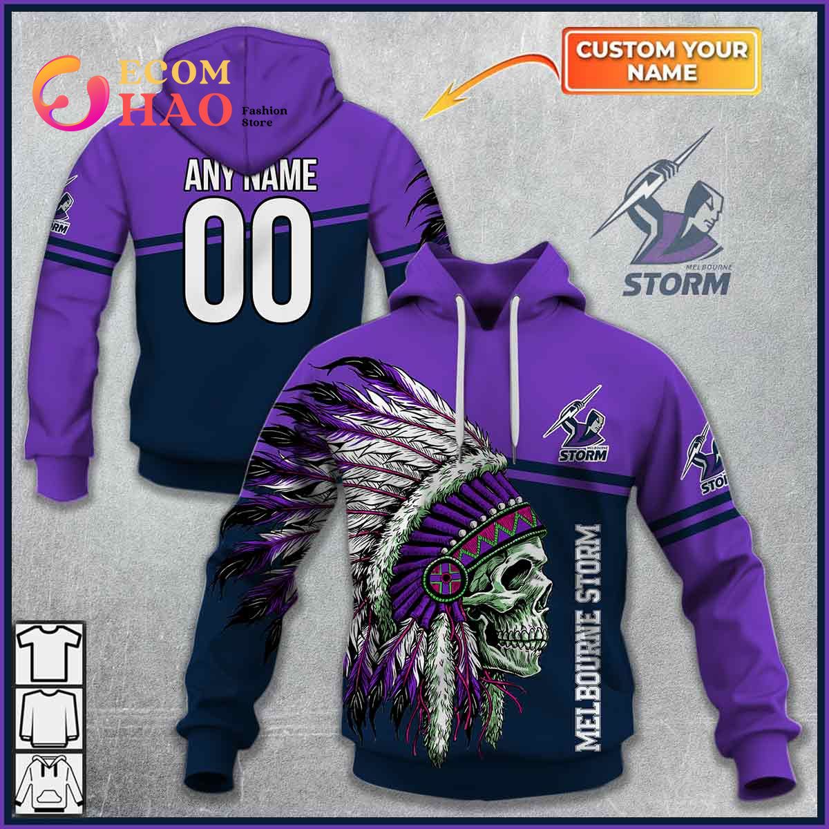 Personalized NRL Melbourne Storm Native Skull 3D Hoodie