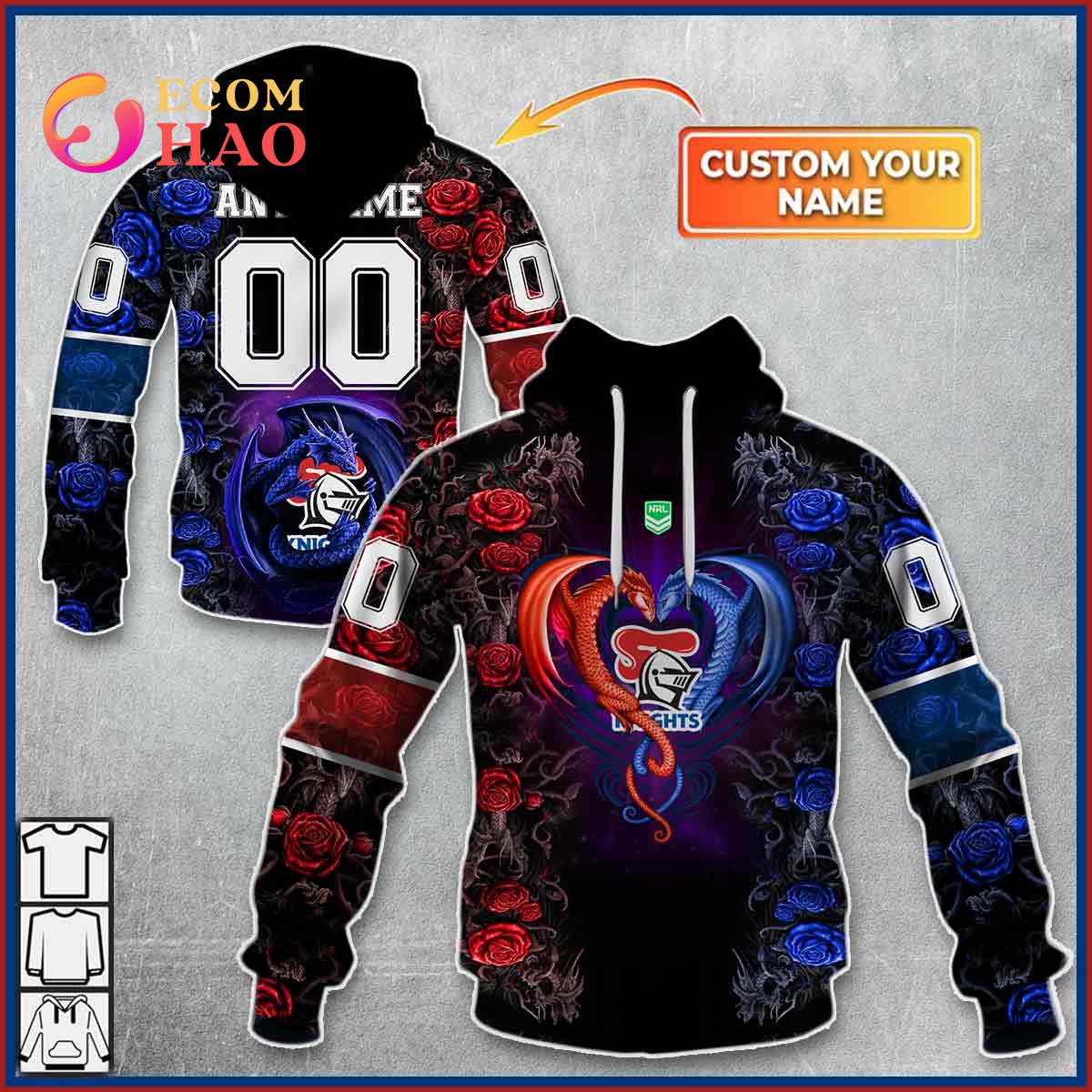 Personalized NRL Newcastle Knights Rose Dragon 3D Hoodie