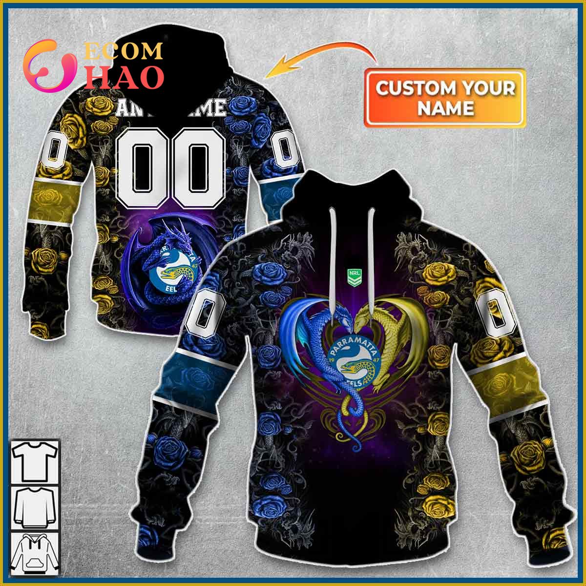 Personalized NRL Parramatta Eels Rose Dragon 3D Hoodie