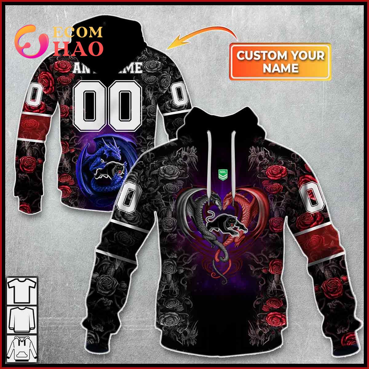 Personalized NRL Penrith Panthers Rose Dragon 3D Hoodie