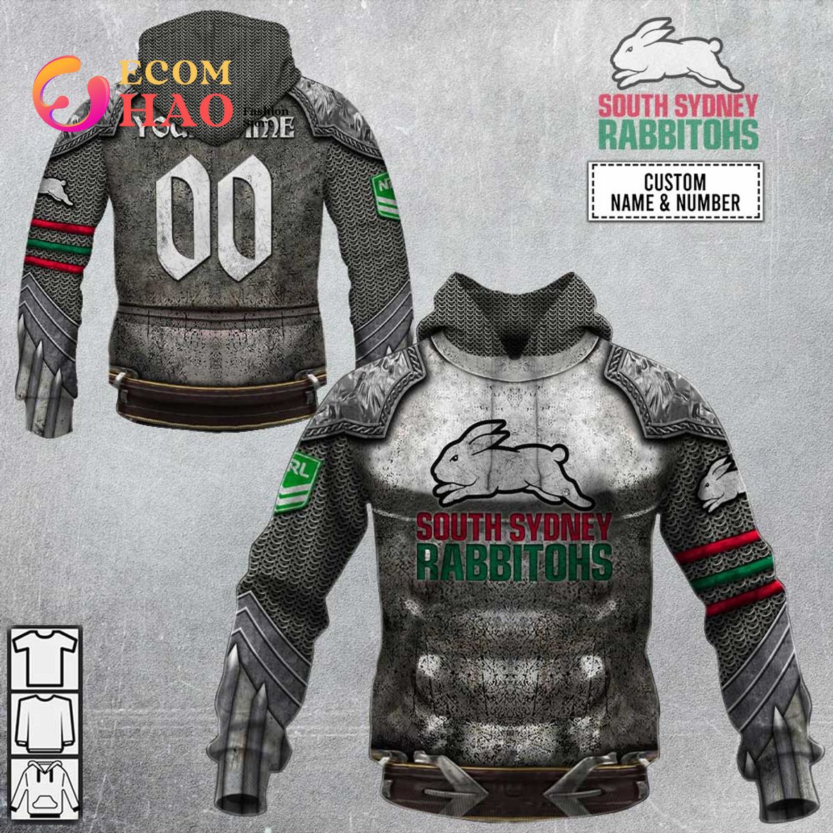 Personalized NRL South Sydney Rabbitohs Armor 3D Hoodie