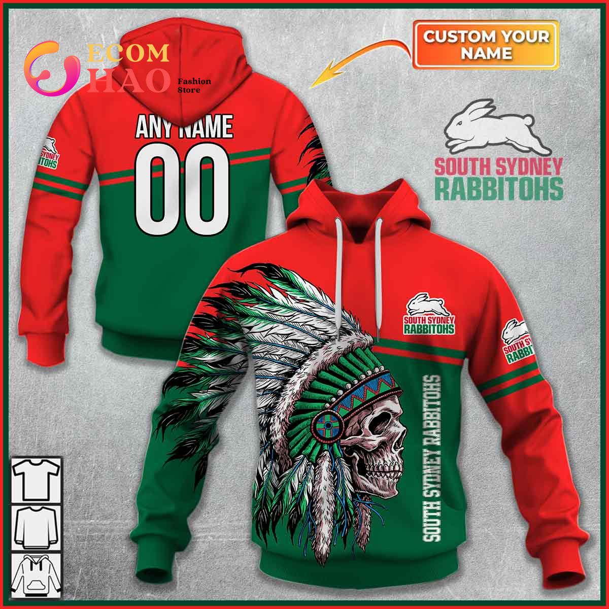 Personalized NRL South Sydney Rabbitohs Native Skull 3D Hoodie