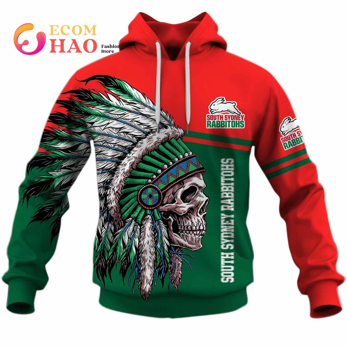 Personalized NRL South Sydney Rabbitohs Native Skull 3D Hoodie