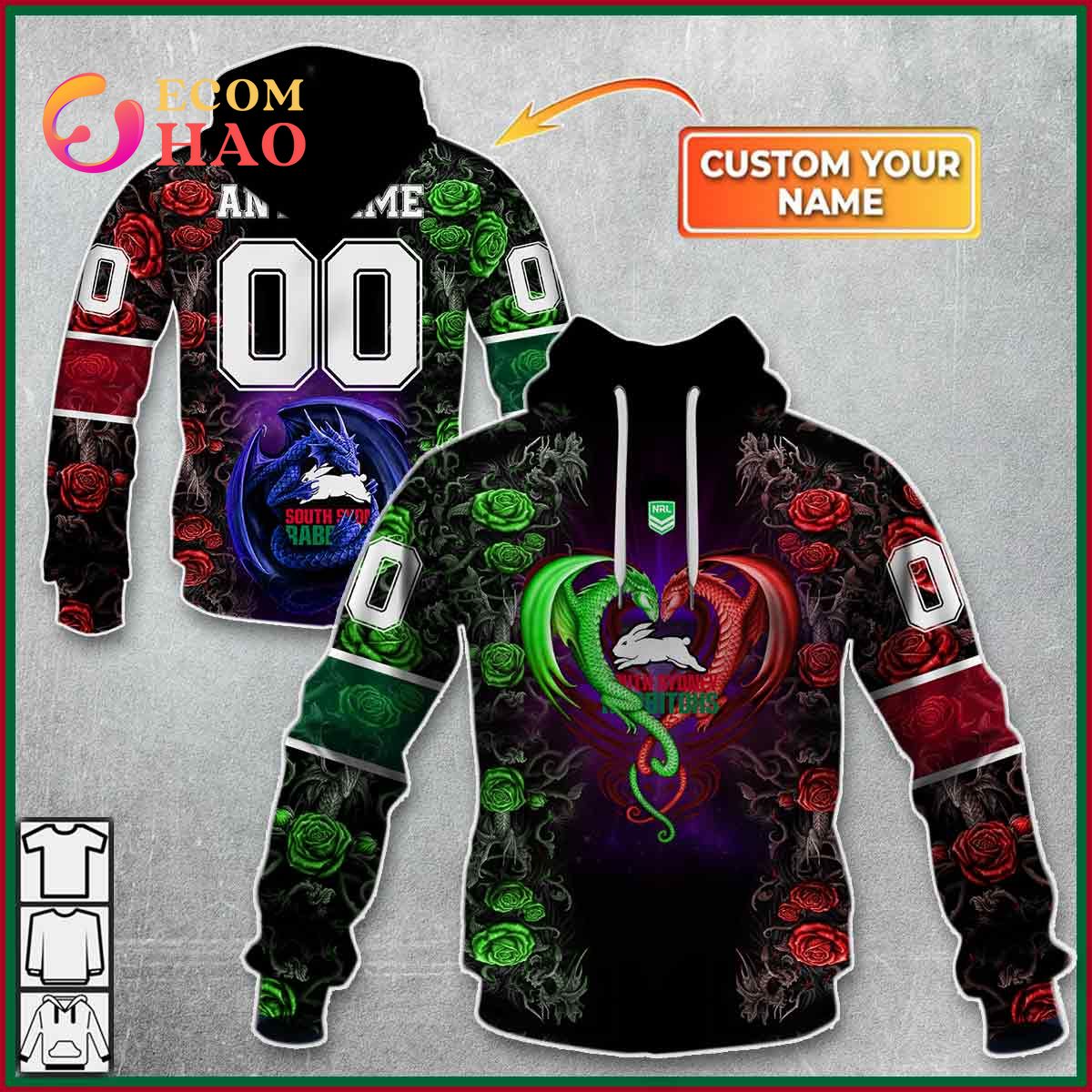 Personalized NRL South Sydney Rabbitohs Rose Dragon 3D Hoodie