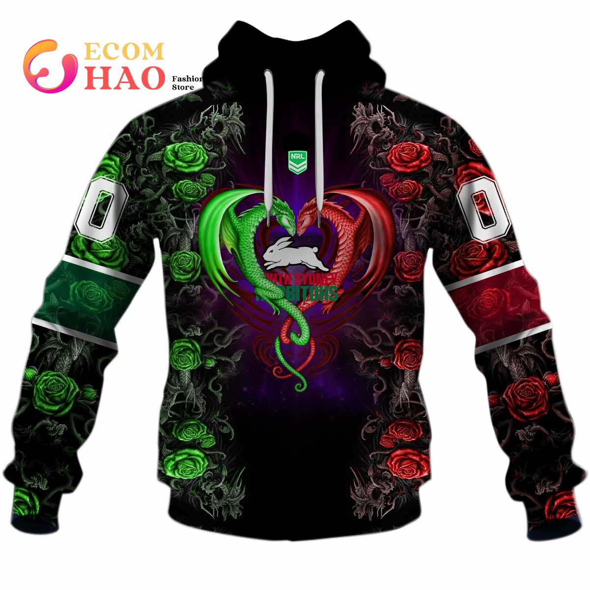 Personalized NRL South Sydney Rabbitohs Rose Dragon 3D Hoodie