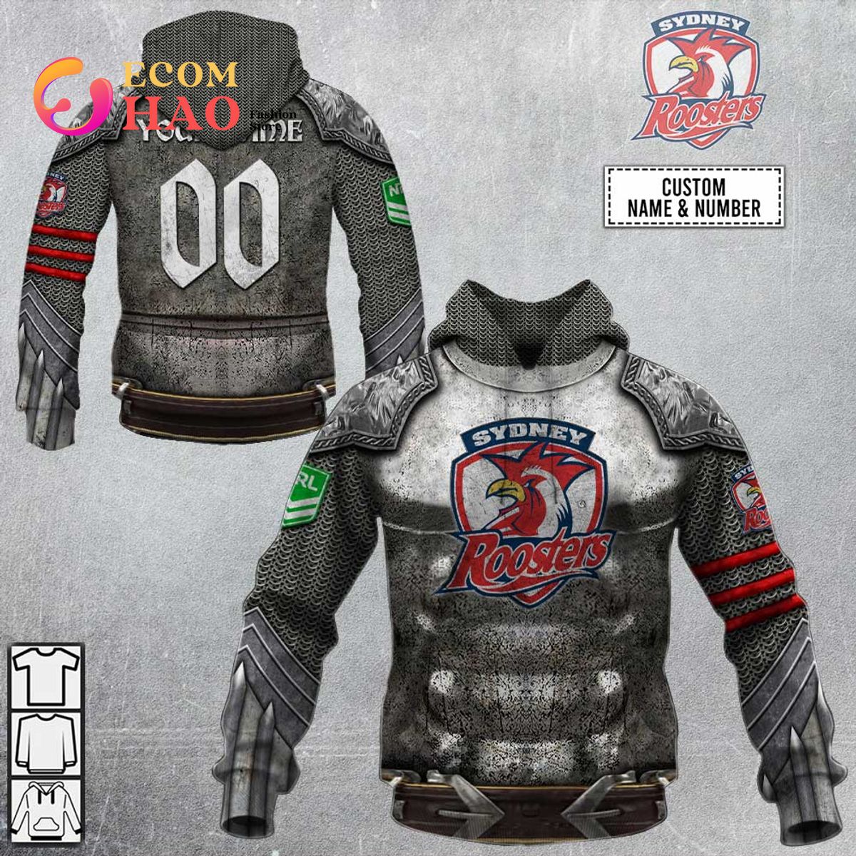 Personalized NRL Sydney Roosters Armor 3D Hoodie