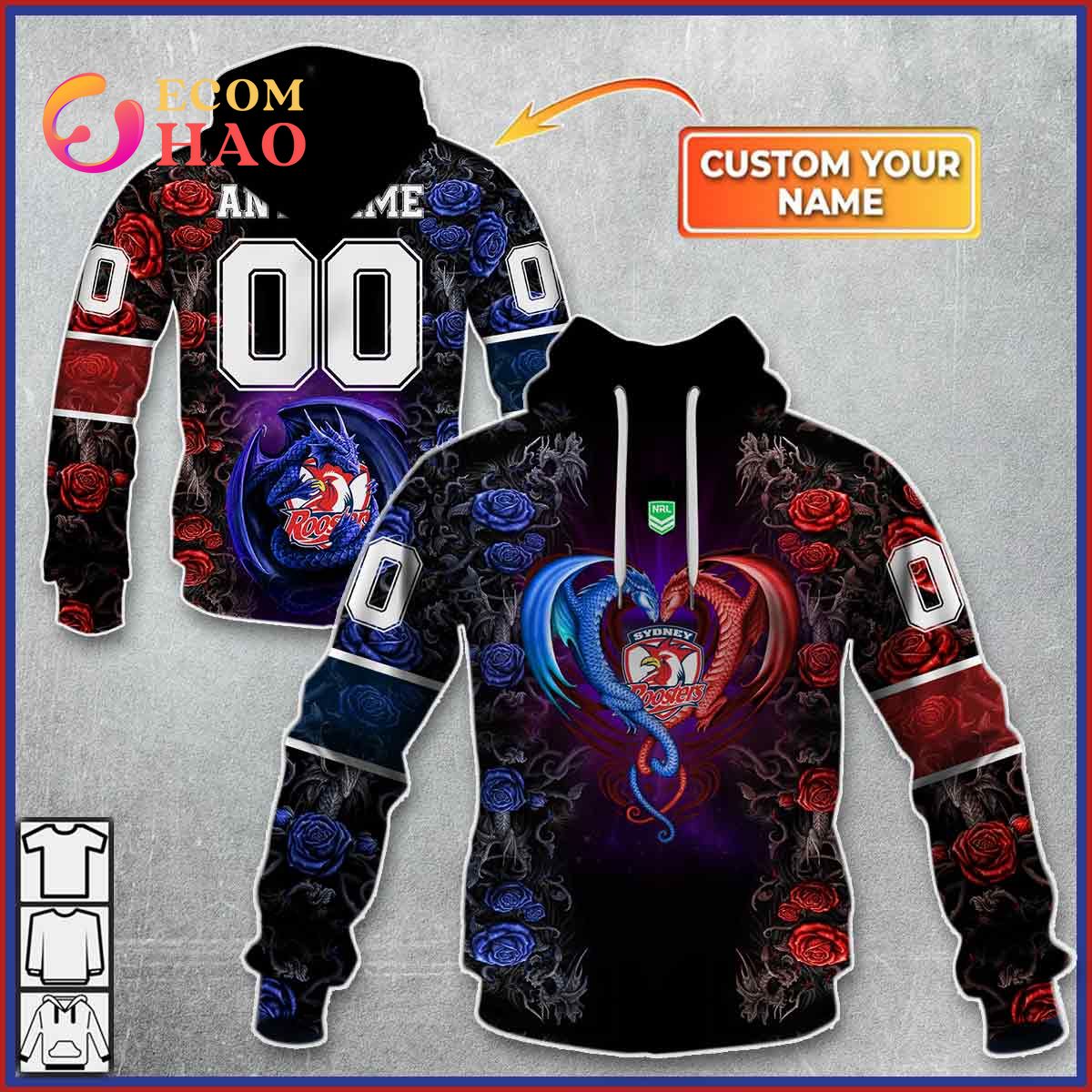 Personalized NRL Sydney Roosters Rose Dragon 3D Hoodie