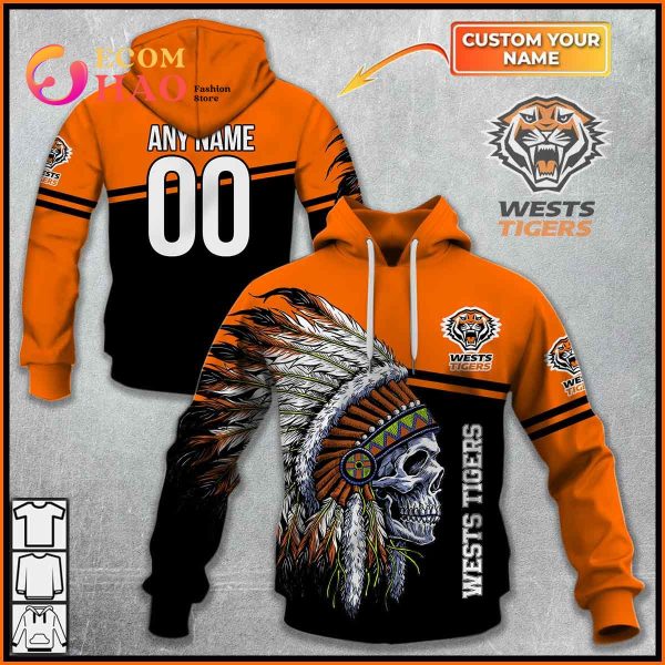 Personalized NRL Wests Tigers Native Skull 3D Hoodie
