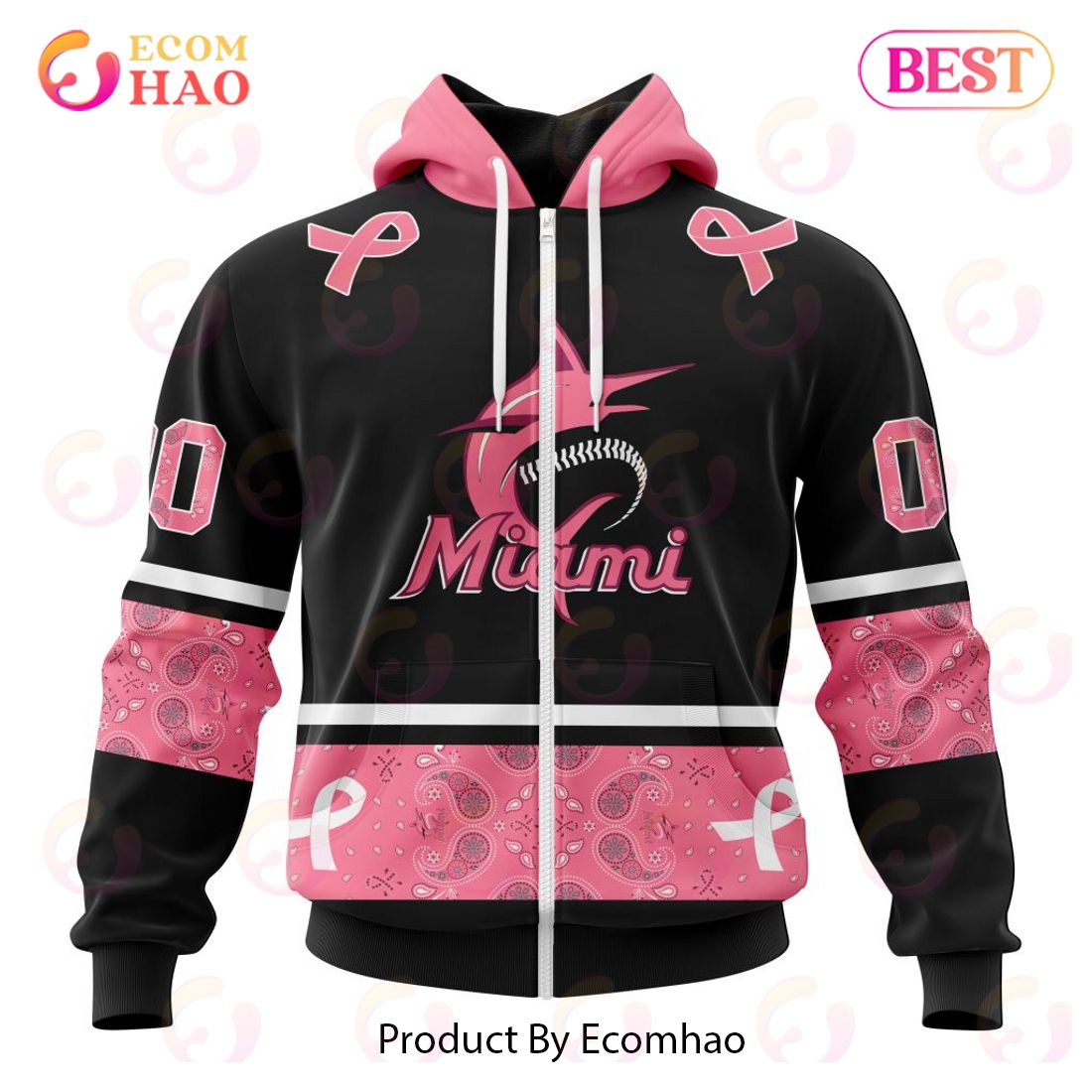 MLB Miami Marlins Specialized Design In Classic Style With Paisley! IN OCTOBER WE WEAR PINK BREAST CANCER 3D Hoodie