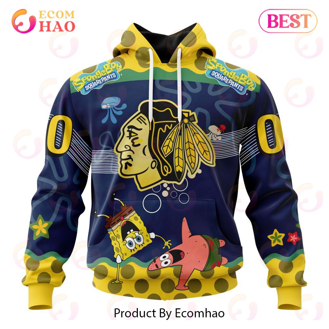 Chicago BlackHawks Specialized Jersey With SpongeBob 3D Hoodie