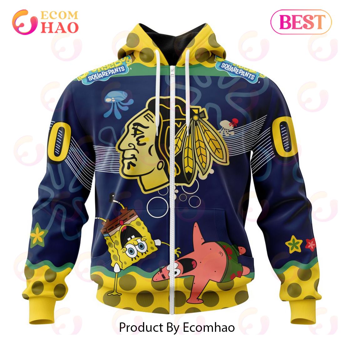 Chicago BlackHawks Specialized Jersey With SpongeBob 3D Hoodie