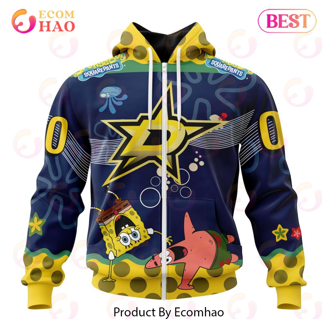 Dallas Stars Specialized Jersey With SpongeBob 3D Hoodie