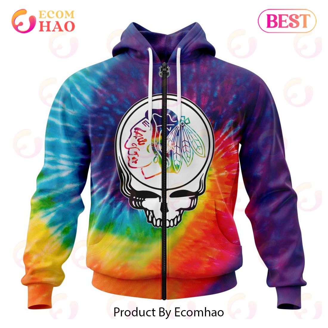 Chicago Blackhawks Specialized Grateful Dead Tie Dye 3D Hoodie