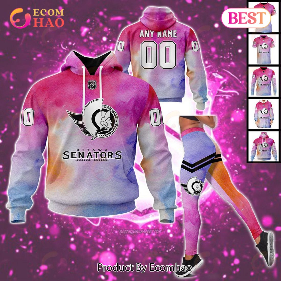 Ottawa Senators Custom Your Name & Number Breast Cancer Awareness Month 3D Hoodie