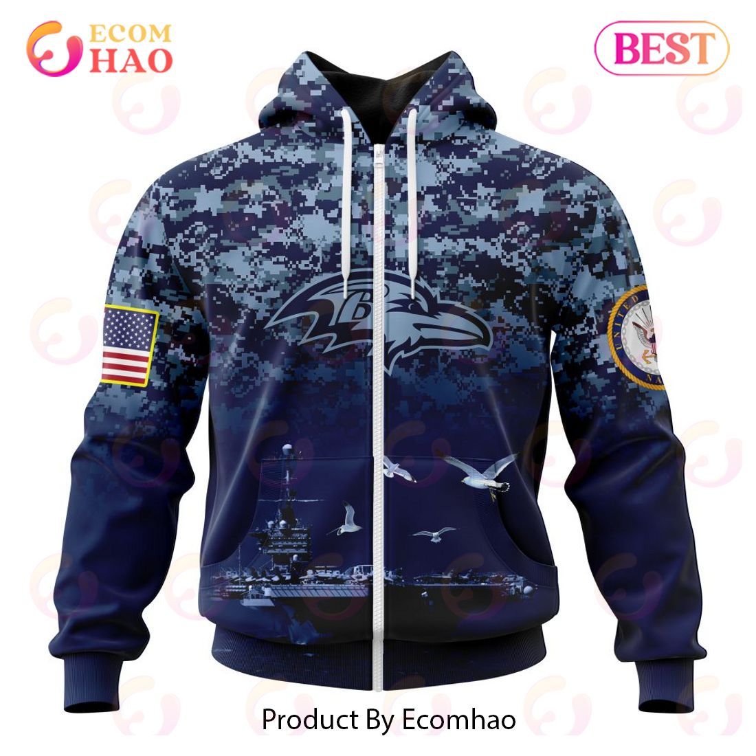 Best NFL Baltimore Ravens Honor US Navy Veterans All Over Print Hoodie