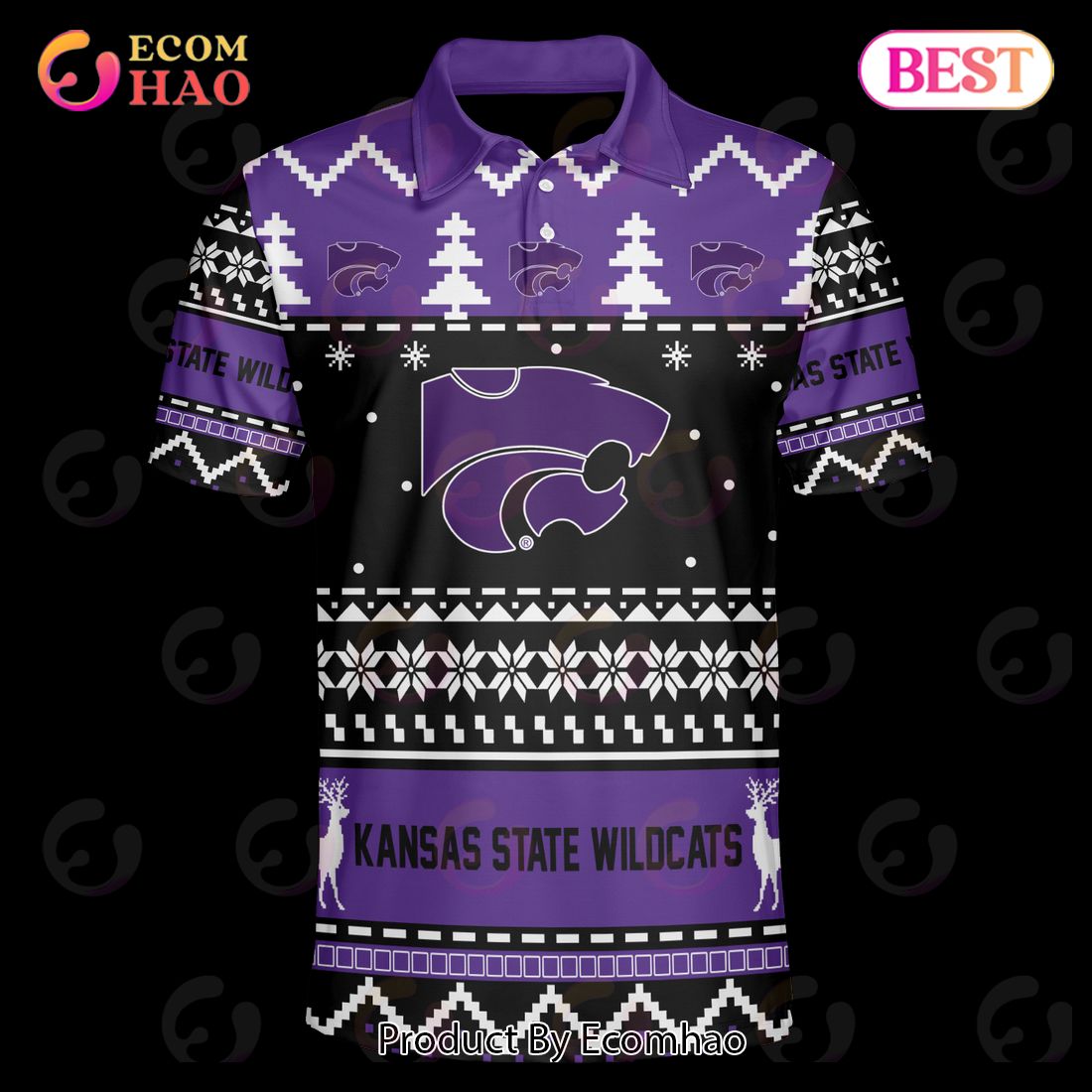 Kansas State Wildcats Custom Your Name & Number Polo Ugly Christmas Style