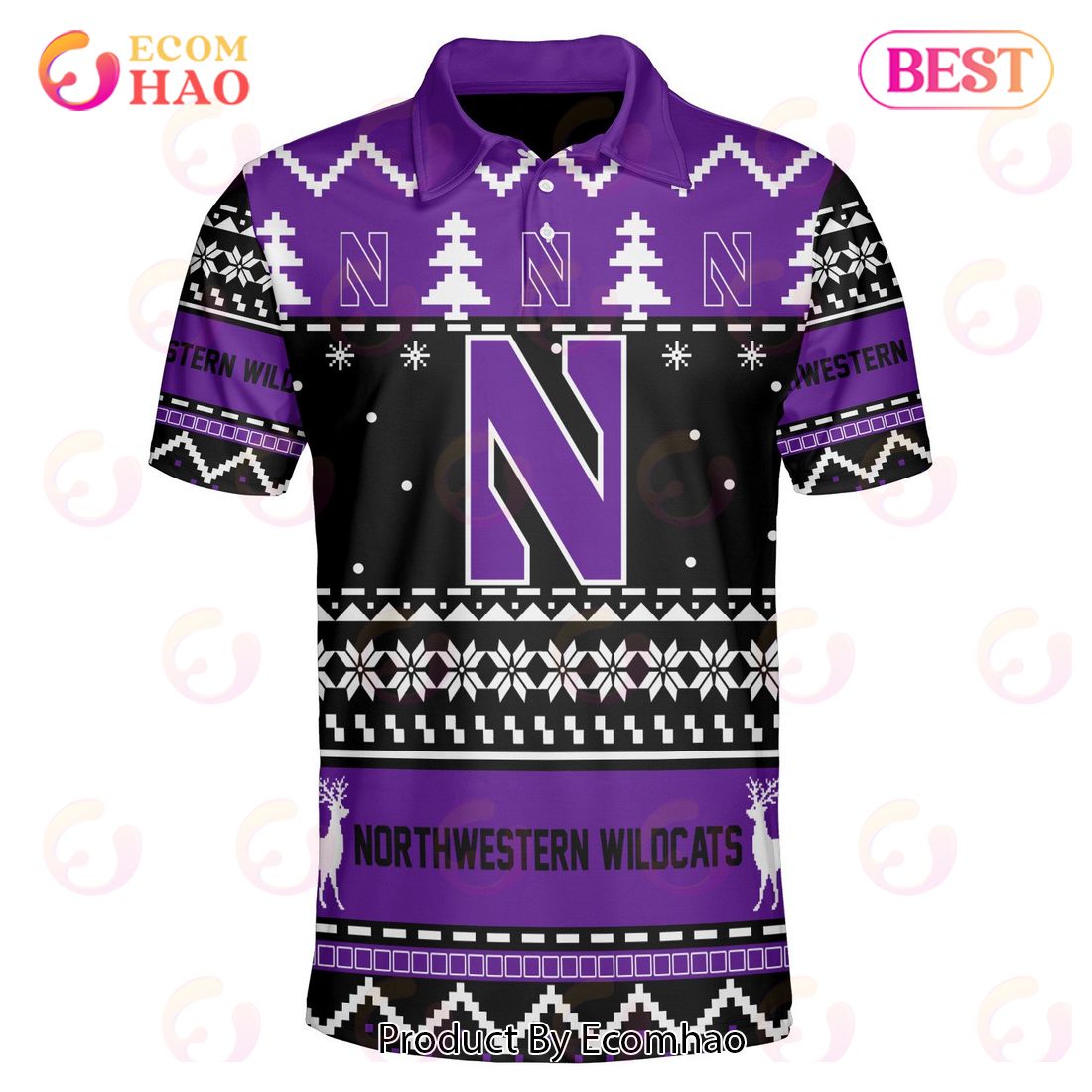 Northwestern Wildcats Custom Your Name & Number Polo Ugly Christmas Style