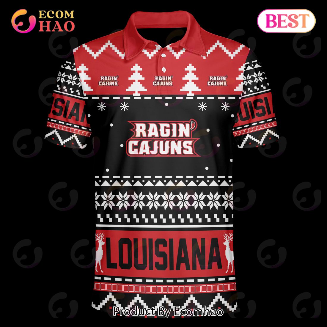 University of Louisiana, Lafayette Custom Your Name & Number Polo Ugly Christmas Style