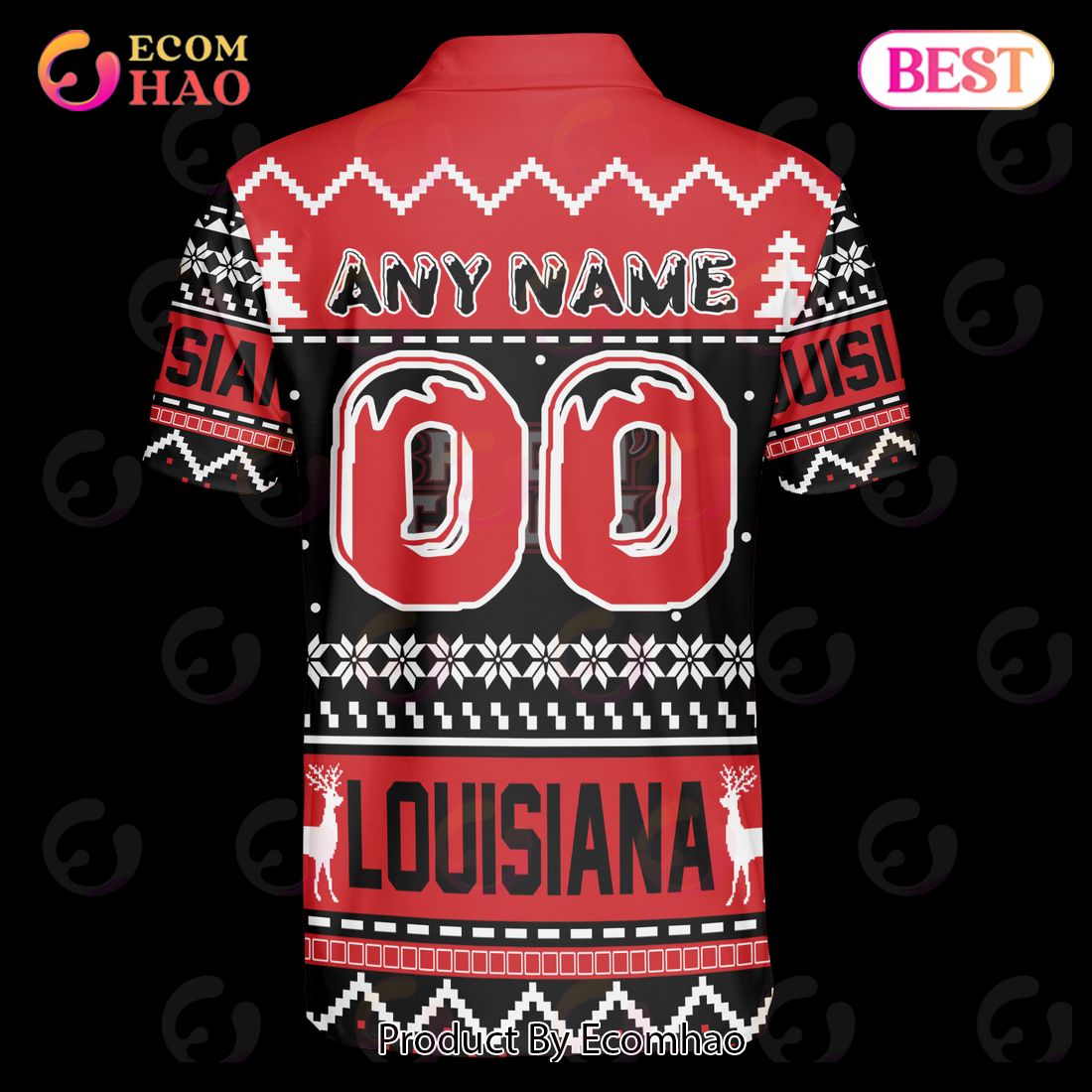 University of Louisiana, Lafayette Custom Your Name & Number Polo Ugly Christmas Style