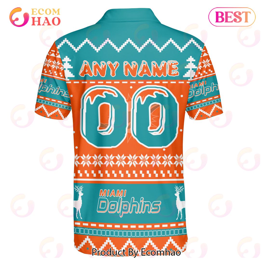 Dolphins Custom Your Name & Number Ugly Christmas Polo