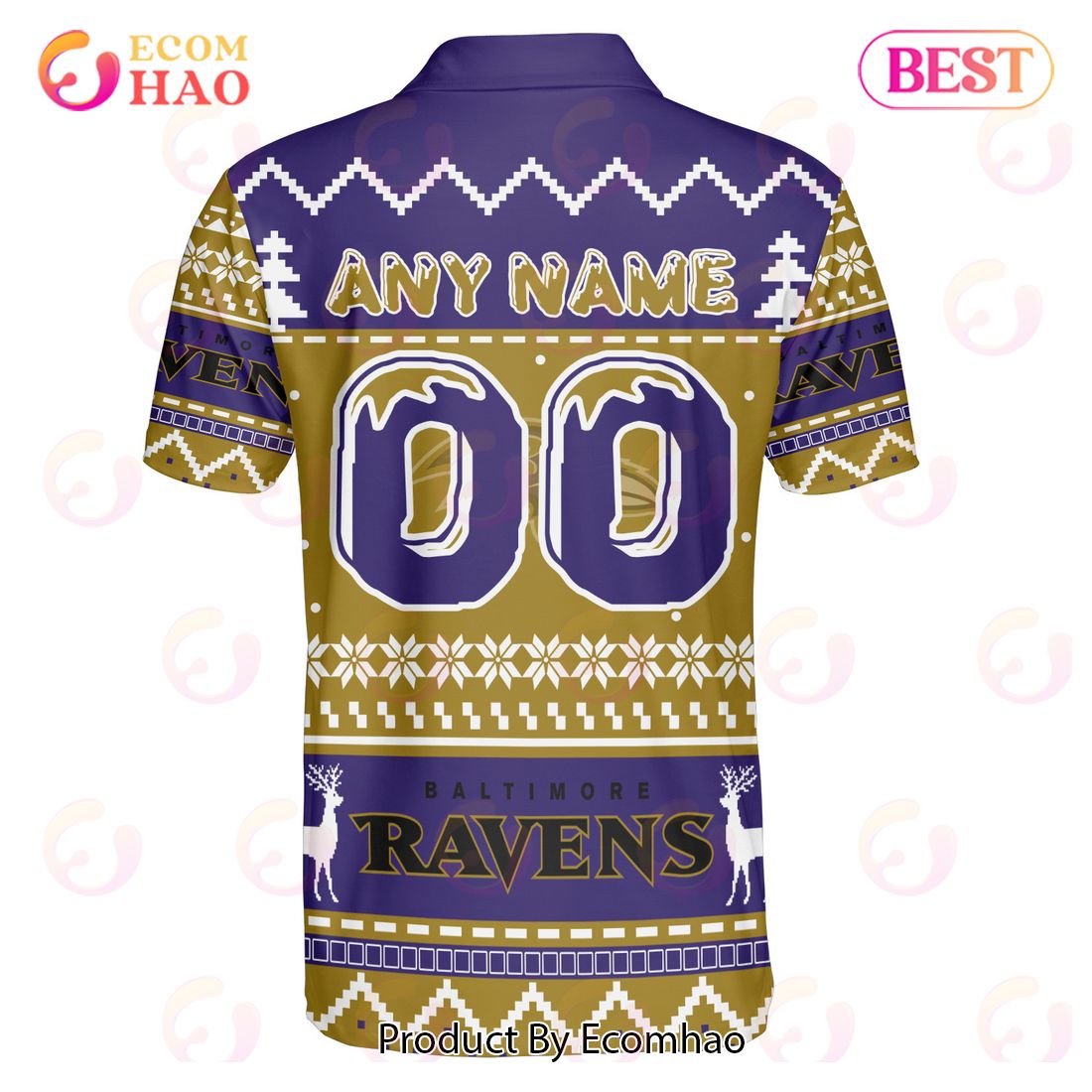 Ravens Custom Your Name & Number Ugly Christmas Polo