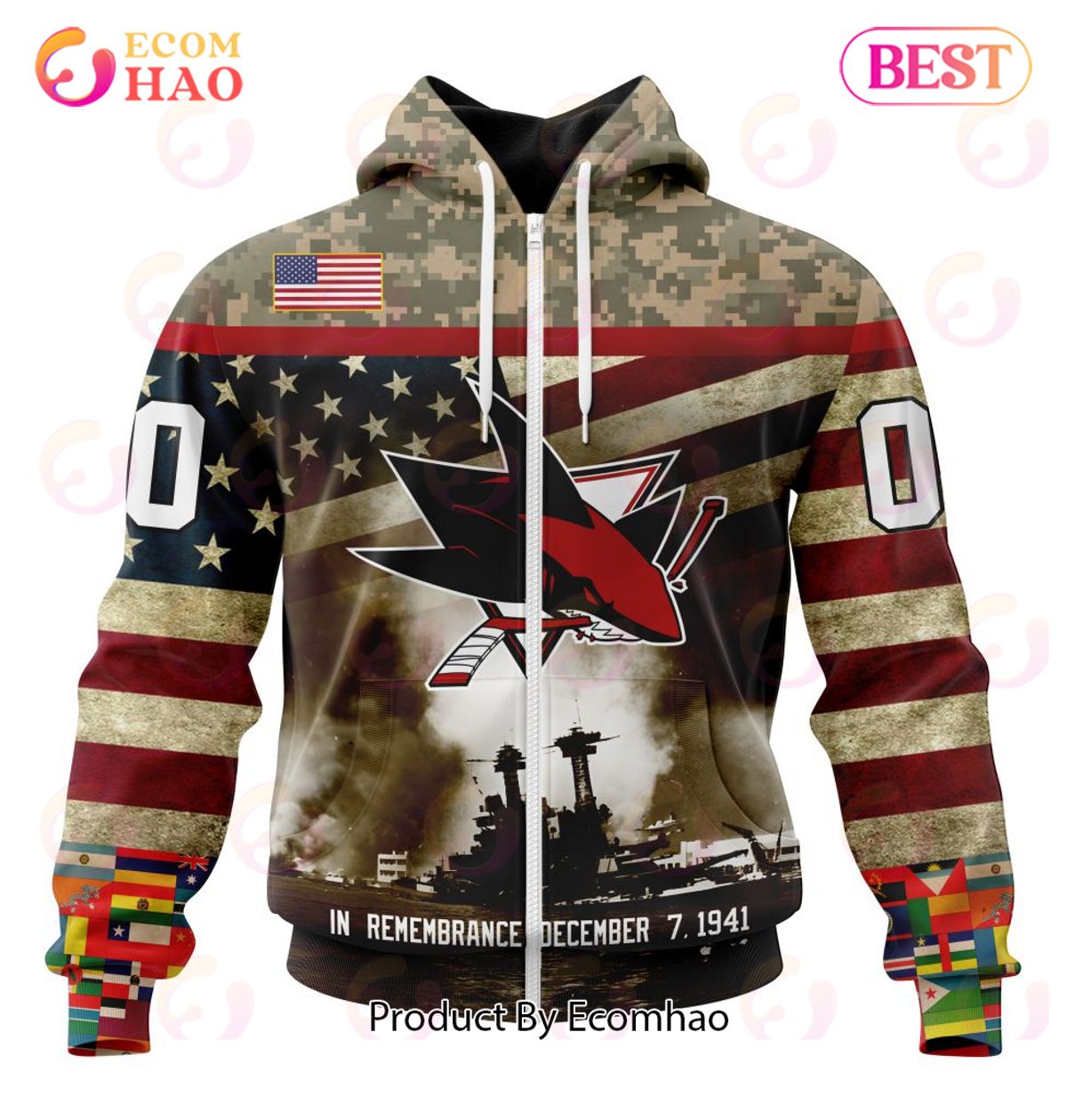 NHL San Jose Sharks Specialized Unisex Kits Remember Pearl Harbor 3D Hoodie