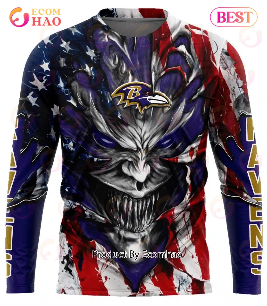 Baltimore Ravens Demon Face American Flag 3D Unisex Hoodie