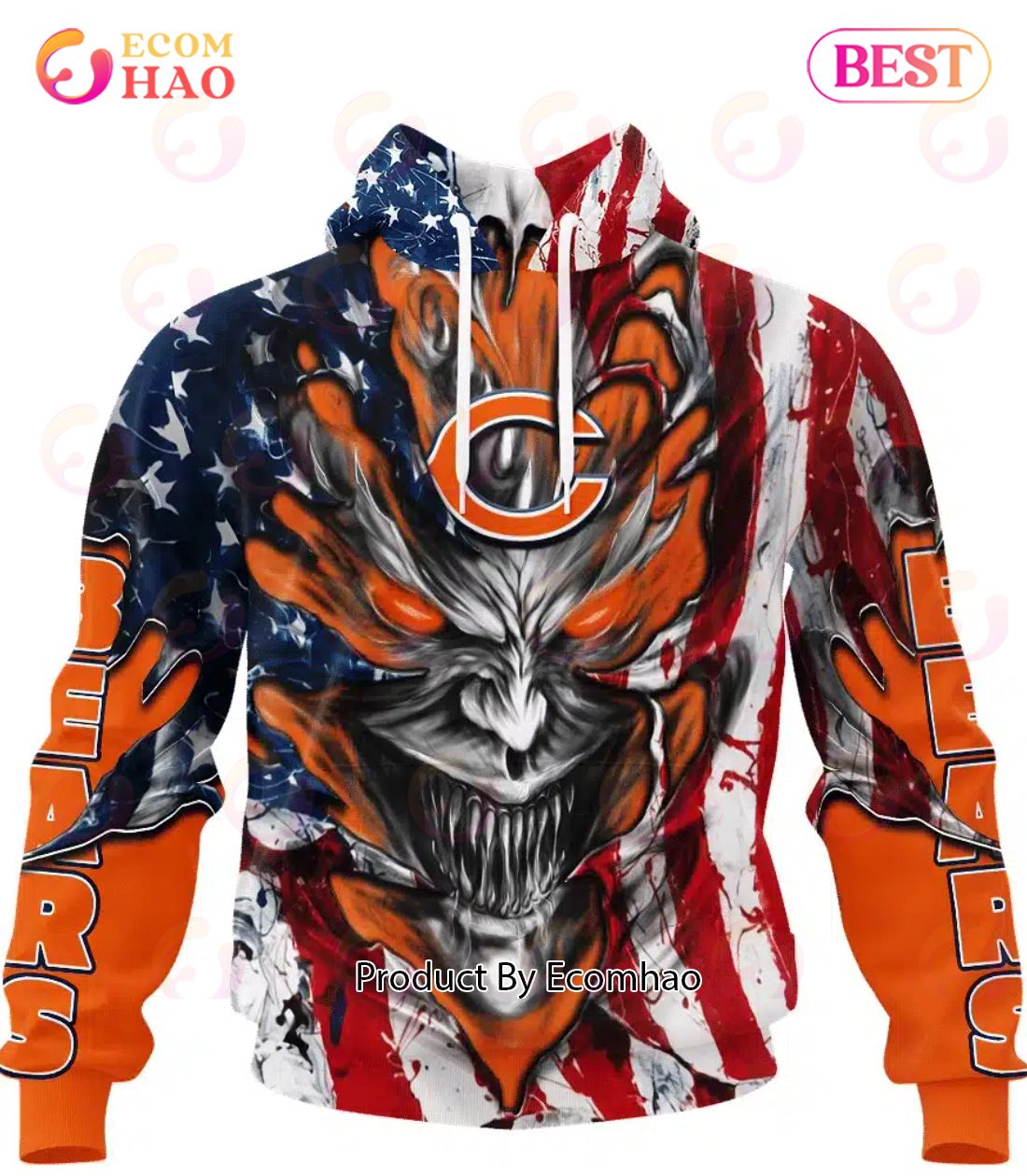 Chicago Bears Demon Face American Flag 3D Unisex Hoodie