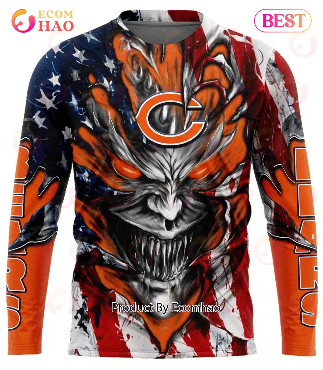 Chicago Bears Demon Face American Flag 3D Unisex Hoodie