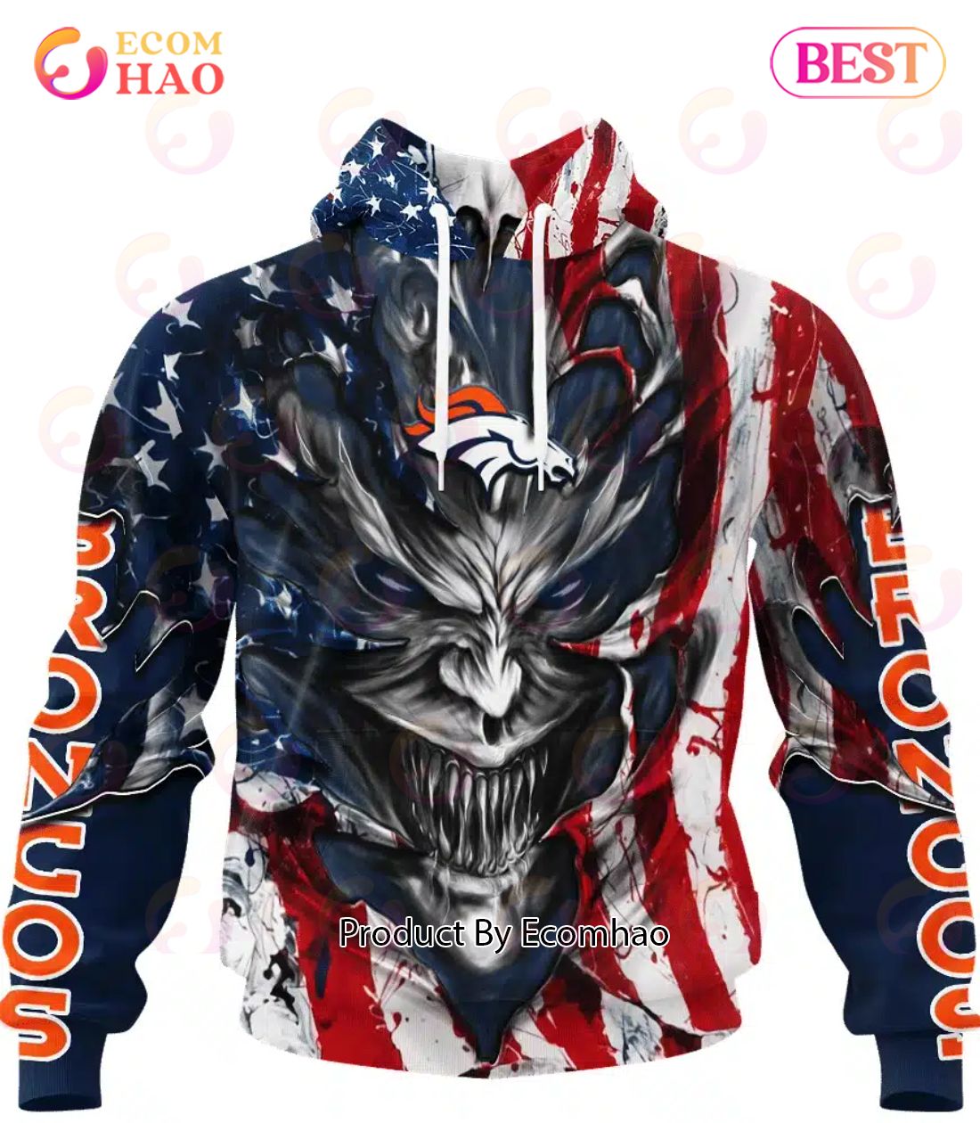 Denver Broncos Demon Face American Flag 3D Unisex Hoodie