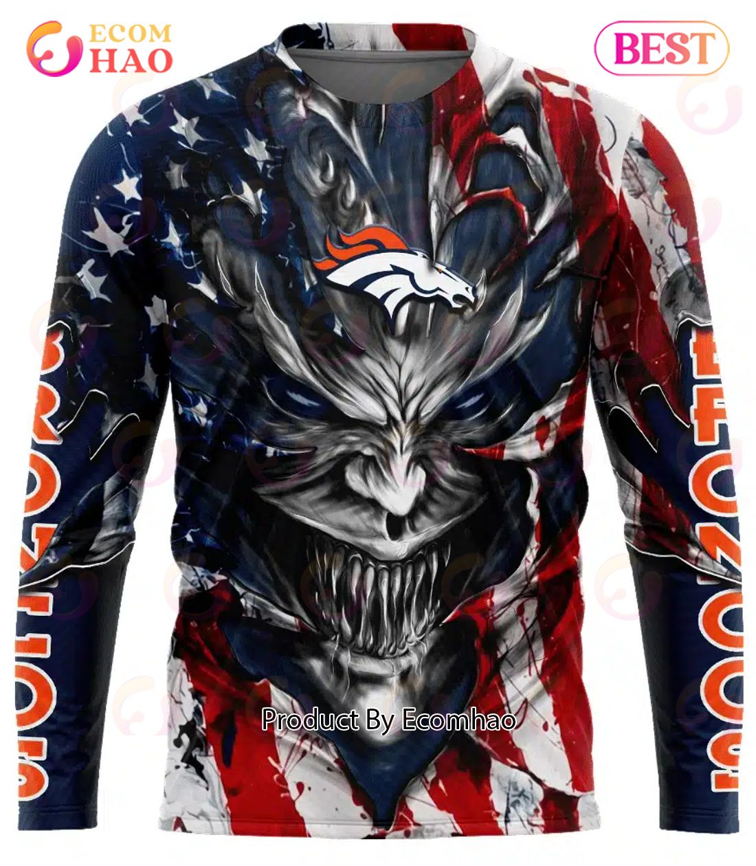 Denver Broncos Demon Face American Flag 3D Unisex Hoodie