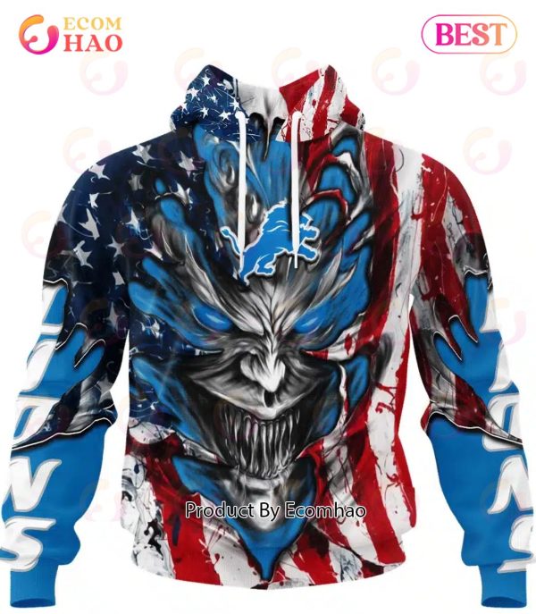 Detroit Lions Demon Face American Flag 3D Unisex Hoodie