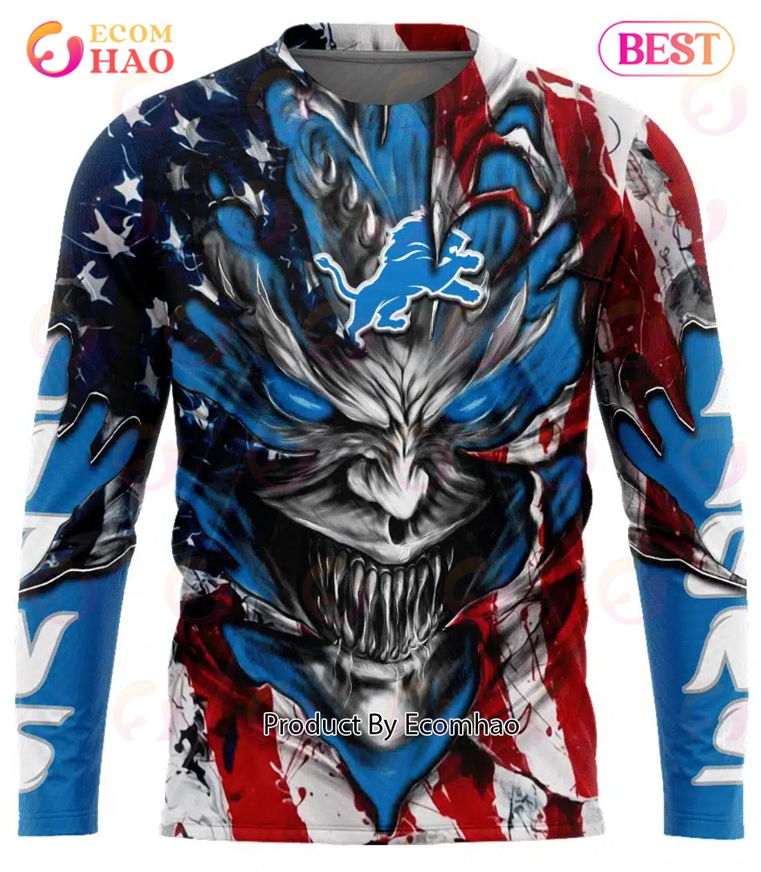 Detroit Lions Demon Face American Flag 3D Unisex Hoodie