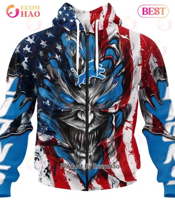 Detroit Lions Demon Face American Flag 3D Unisex Hoodie