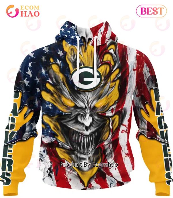 Green Bay Packers Demon Face American Flag 3D Unisex Hoodie