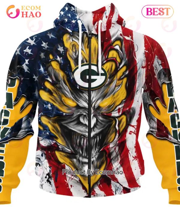 Green Bay Packers Demon Face American Flag 3D Unisex Hoodie